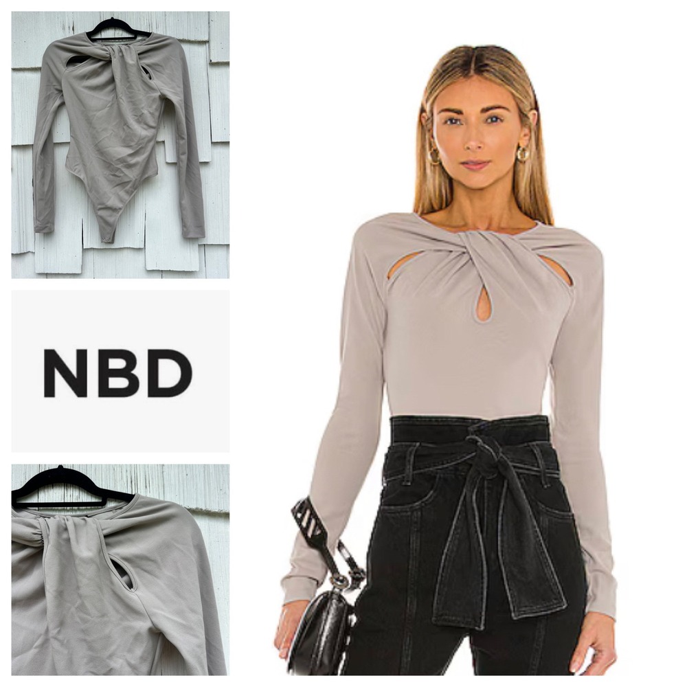 NBD Revolve Drape Front Bodysuit Putty Gray Cutout Long Sleeve XS New‎